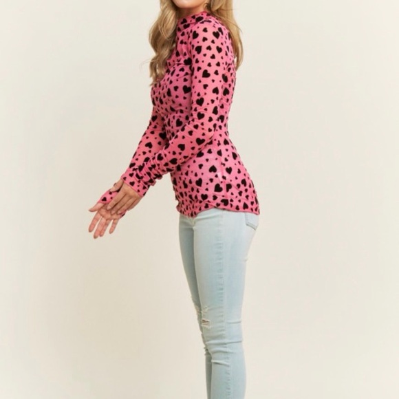 Stylish Pink Heart Pattern Long Sleeve Mesh Top NWT SZ S-3XL - Picture 7 of 7